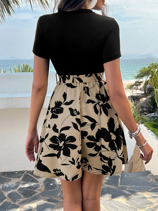 Retro Spliced High Waist Floral Print Dress oldfloraldress-250126