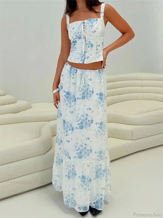 Retro Square Neck Button Up Tank Top Flower Print Long Skirt BLUE / S skirt-250126