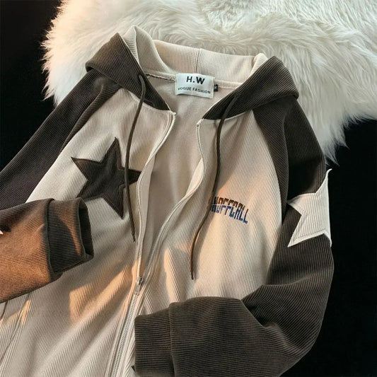 Retro Star Patch Zipper Hoodie white / M