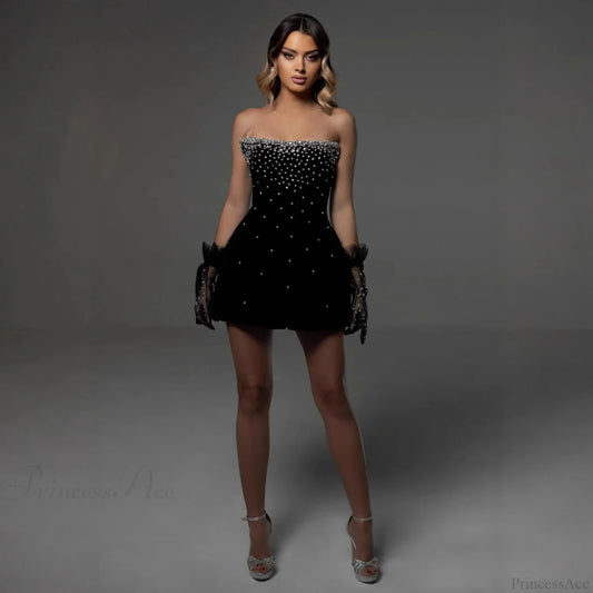 Rhinestone Mesh Strapless Bandage Prom Dress black / S promdress-250223