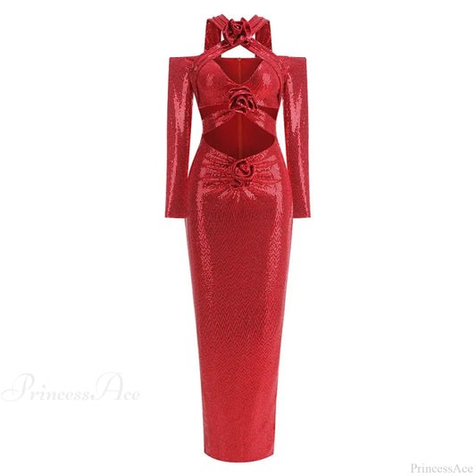 Rosered Long Sleeve Sequins Party Dress Red / Xs Partydress-241208