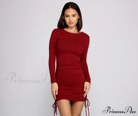 Ruched And Ribbed Knit Crew Neck Mini Dress - Lady Occasions