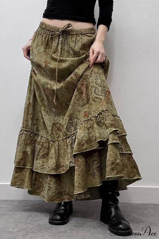 Ruched Botanical Tie Waist Skirt Green / S