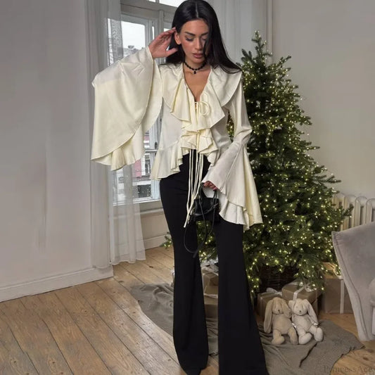 Ruffled Lace-Up V-neck Casual Long Sleeve Blouse blouse-250126