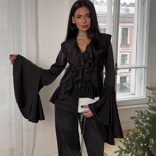 Ruffled Lace-Up V-neck Casual Long Sleeve Blouse Black / S blouse-250126