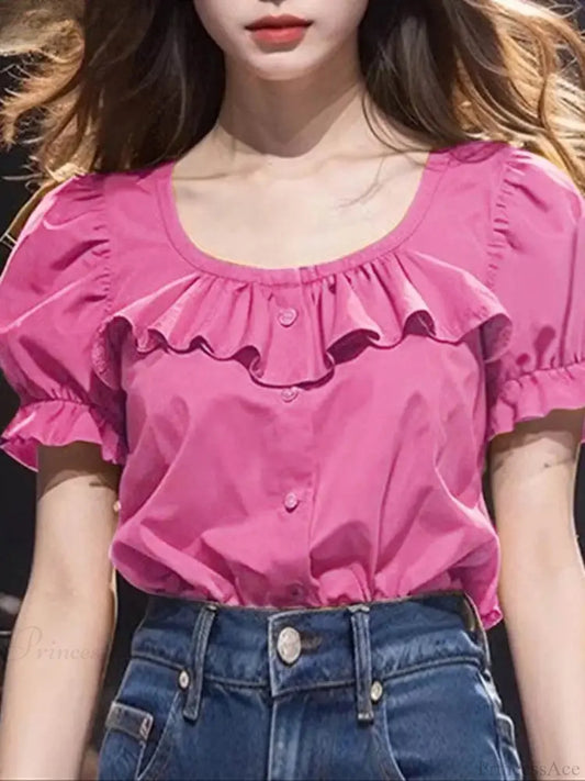 Ruffled Solid Puff Sleeve Casual Tunic Blouse blouse-250126