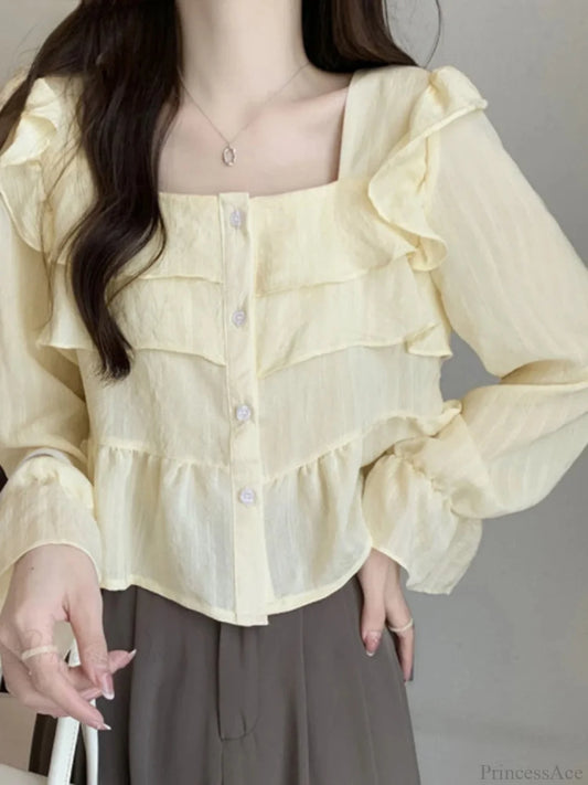 Ruffled Square Neck Flare Sleeve Blouse Beige / S blouse-250126