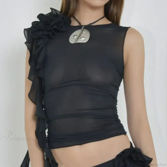 Ruffles Floral Mesh Sheer Chic Elegant See Through Slim Crop Top Black / S croptop-250126