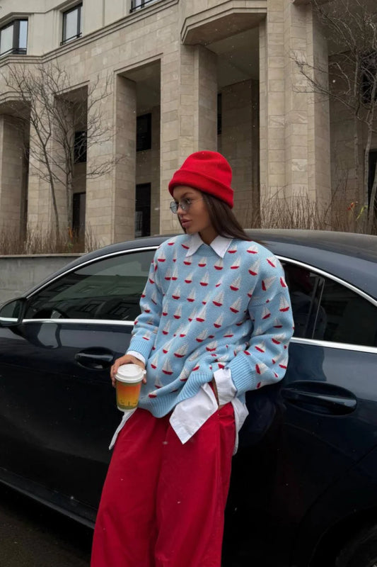 Sailboat Jacquard Loose Lazy Versatile Multi color Pullover Knit Sweater Blue / S