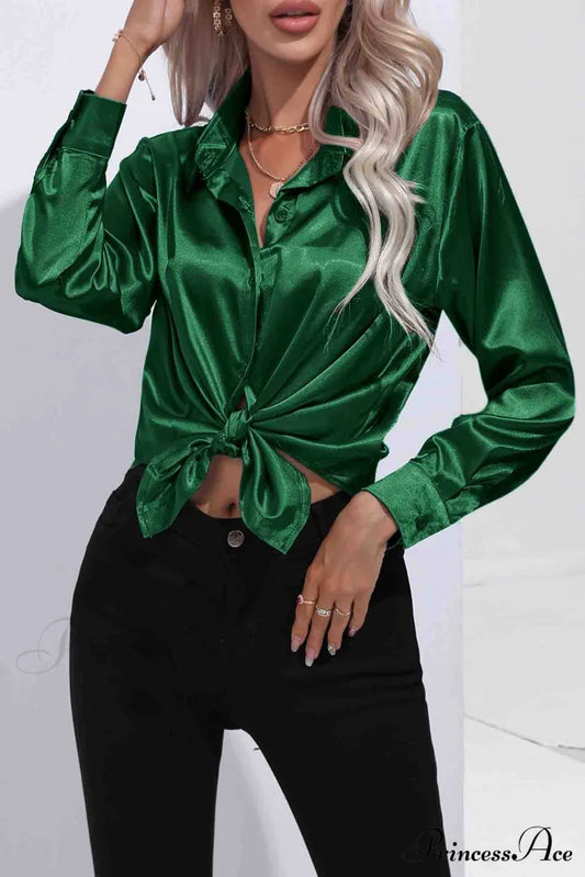 Satin Button Up Blouse With Lapel Dark Green / S Blouses