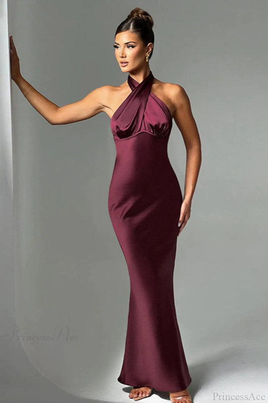 Satin Halter High Waist Fitted Party Dress Red / S