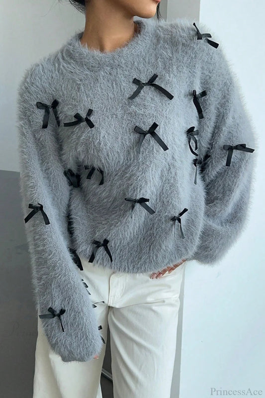Seamoss Bow Decor Soft Crew Neck Loose Knit Sweater Grey / S