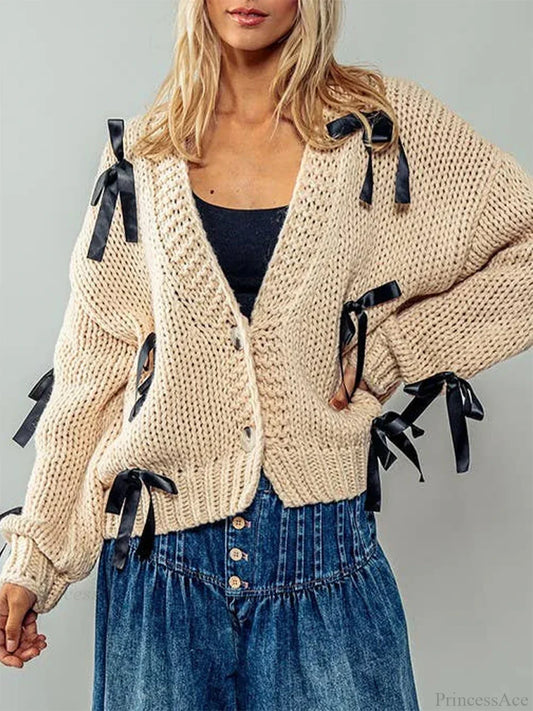 Sequined V-neck Knit Cardigan beige / S