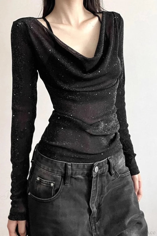Sequined V-Neck Slim Elegant Long Sleeve Tee Black / S
