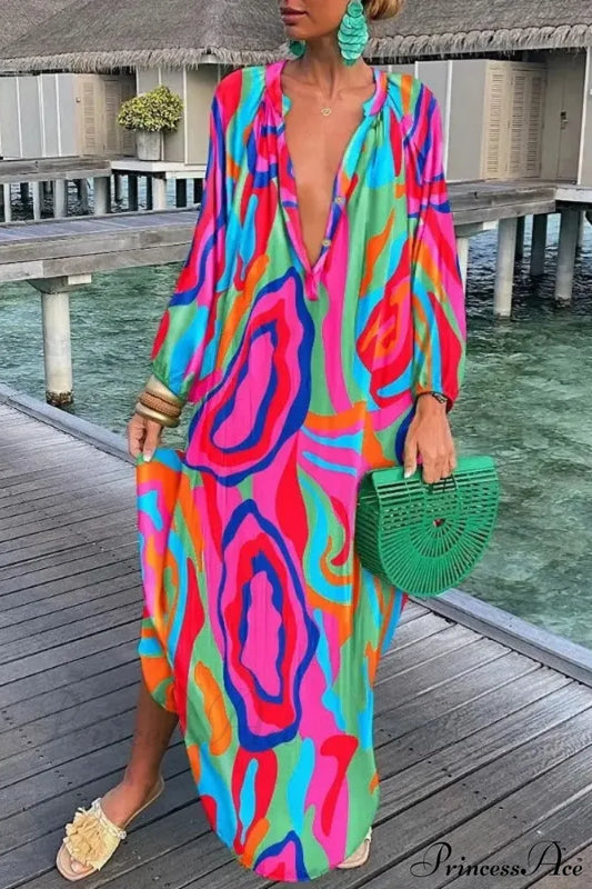 Sexy Beach Party Loose Vintage Boho Dress Multicolor / S