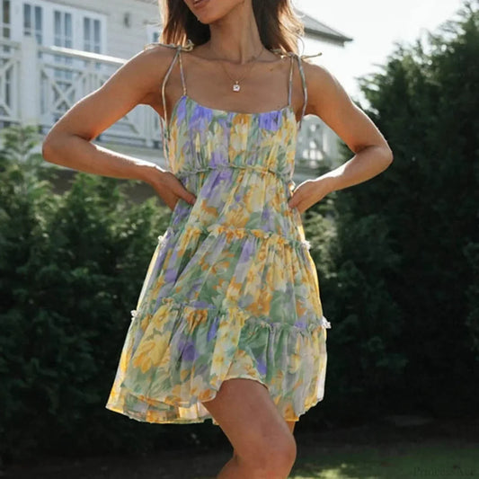 Sexy Chiffon Ruffle Floral Suspender Sundress floraldress-250126