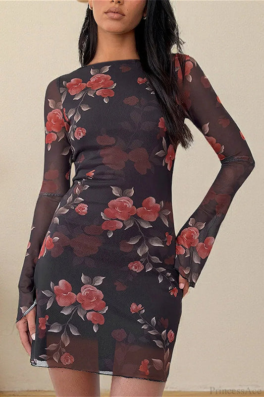 Sexy Floral Tulle Fitted Mini Dress Black / S