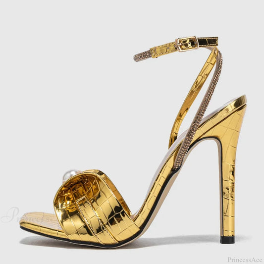 Sexy Gold Snake-Print Leather Square-Toe Crystal Ankle-Strap Sandals Thin Party Dress High Heel