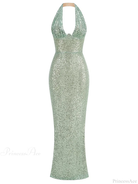 Sexy Halter Deep V Neck Sequins Green Sleeveless Backless Celebrity Christmas Party Dress / S