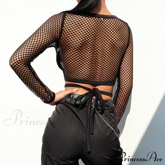 Sexy Lace-Up Fishing Net Short Black Hollow Out Stylish Elegant Trendy Chic Crop Top
