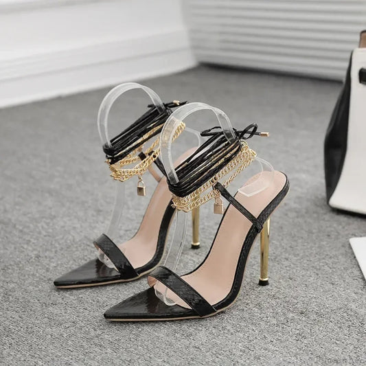 Sexy Peep Toe Pointed Head Stiletto Sandals Chain Ankle Straps Summer Thin High Heels Party Heel