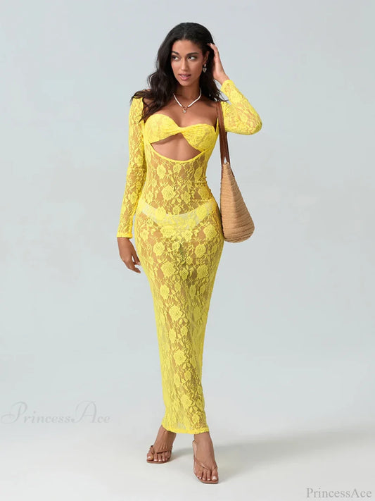 Sexy See-Through Lace Sheer Long Sleeve Beach Floral Dress floraldress-250126