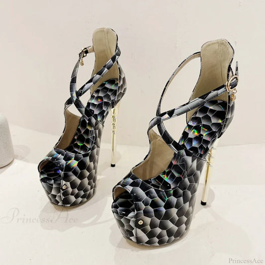 Sexy Snake-Print Platform Buckle-Strap Peep-Toe 17Cm Banquet Ladies High Heel Black / 35