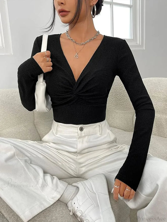 Sexy V-Neck Knitted Base Shirt Figure Slim Fit Top Women 25223196-balck / S knittop-250126