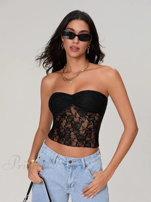 Sheer Lace Off-shoulder Strapless Low Cut Bandeau Top Black / S croptop-250126