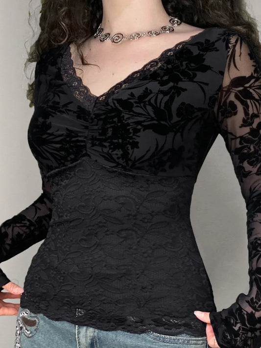 Sheer Lace V-neck Knit Top Black / S