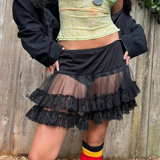 Sheer Ruffle Tiered Lace Skirt Black / S