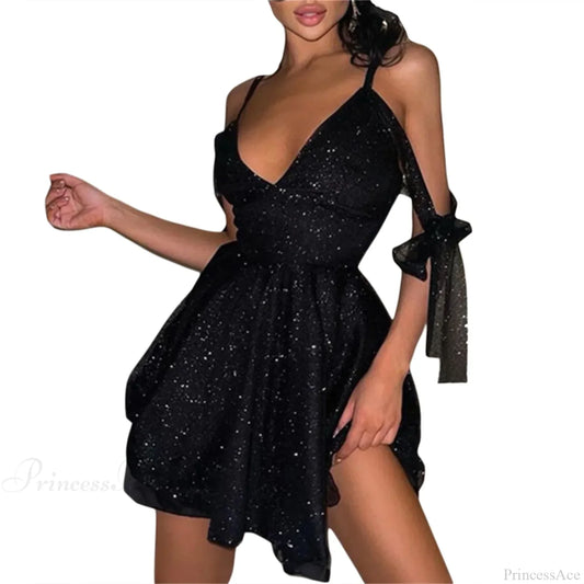 Shiny Slim Black V-Neck Party Dress / S Partydress-241208