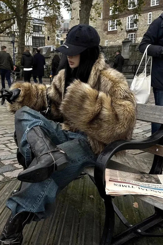 Short Faux Fur Raccoon Fur Warm Jacket Coat