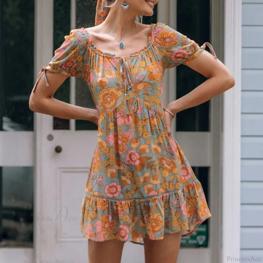 Short Puff Sleeve Mini Dress Vintage Cotton Rayon Orange Floral Print Summer Dress PINK / S bohodress-250126