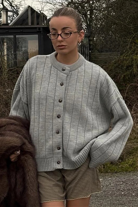 Simple Solid Rib Crewneck Oversized Cardigan Sweater Light gray / S
