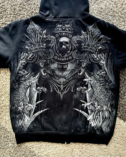 Skull Print Zipper Casual Hoodie