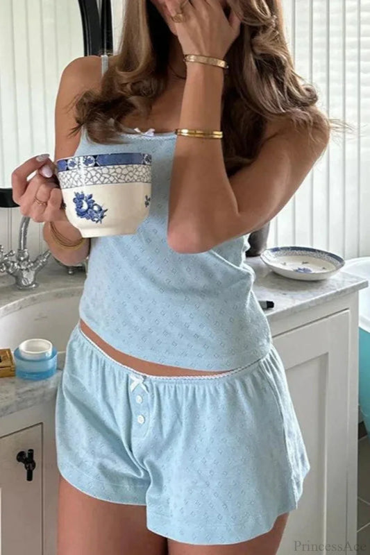 Sleeveless Crop Cami Lounge Set BLUE / S twopiecesset-250126