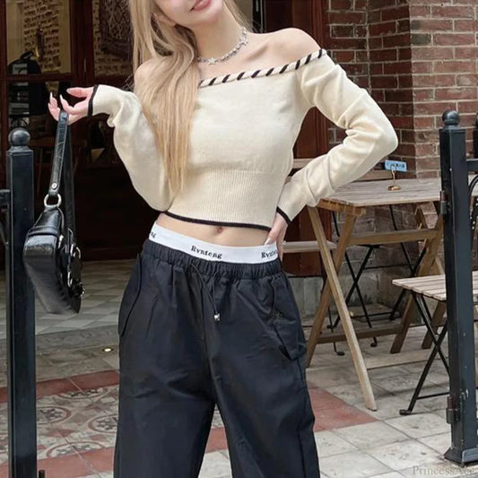 Slim Fit Korean Off-Shoulder Knitted Boat Neck Knit Top WHITE / One Size knittop-250126