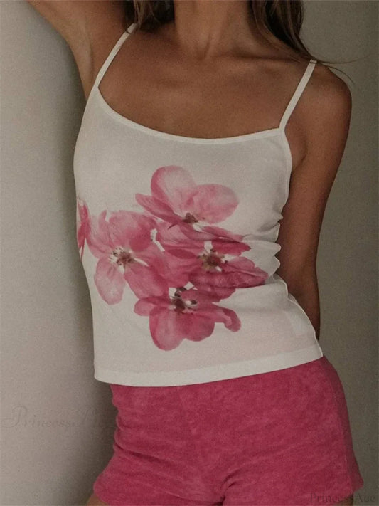 Slim Flower Print Spaghetti Strap Crop Top WHITE1 / S croptop-250126