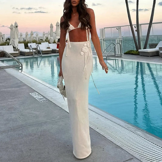 Slim Knit Flower Patchwork Bikini Set 01 Off White / S