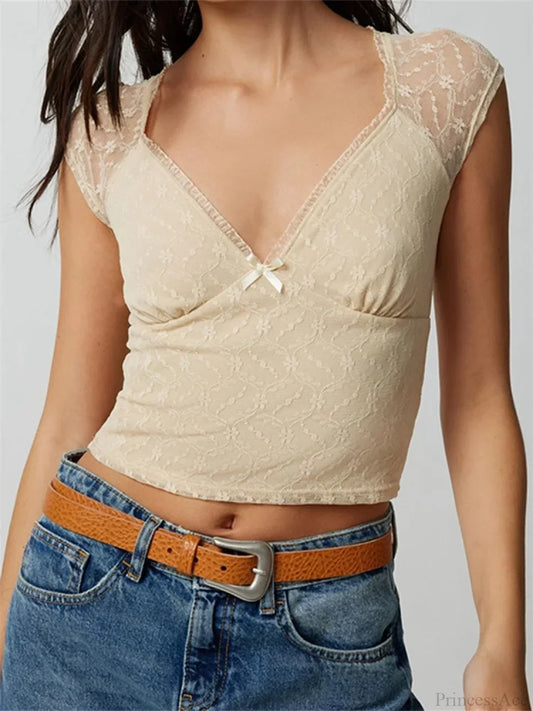 Slim Lace Patchwork Deep V-neck Crop Top KHAKI / S croptop-250126