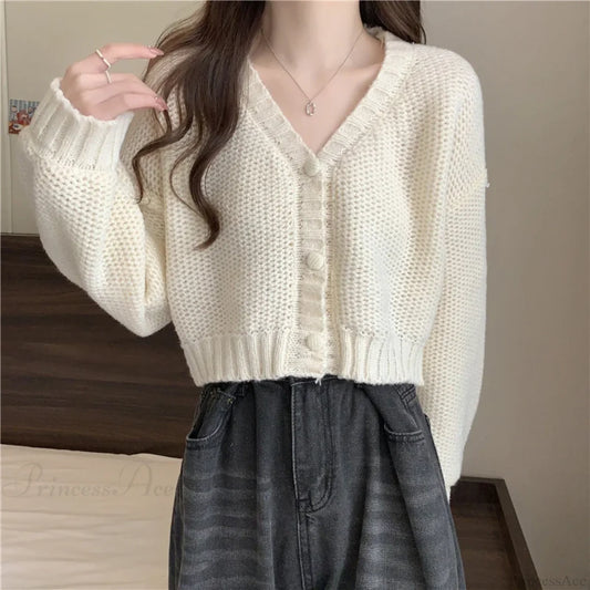 Slim Solid V-Neck Button-Up Knitted Cardigan for Women WHITE / One Size cardiagn-250126