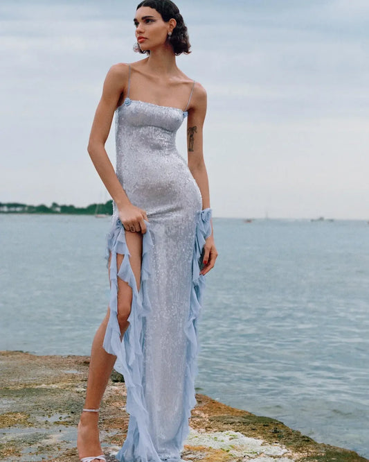 Slit Ruffle Sequin Party Dress Partydress-241208