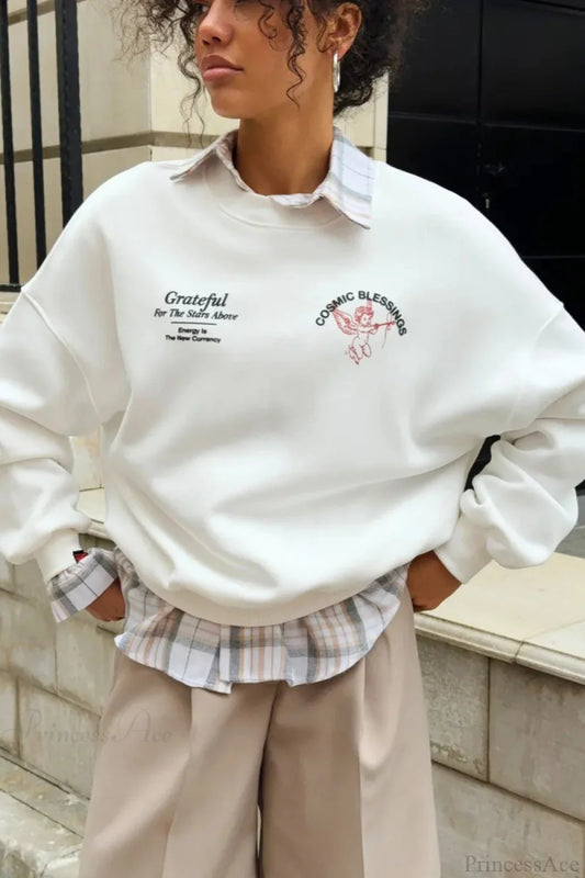 Solid Angel Print Thickened Crew Neck Sweatshirts White / S