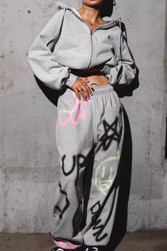 solid color hoodie Colorful Graffiti Letter Casual Pants Two Piece Set