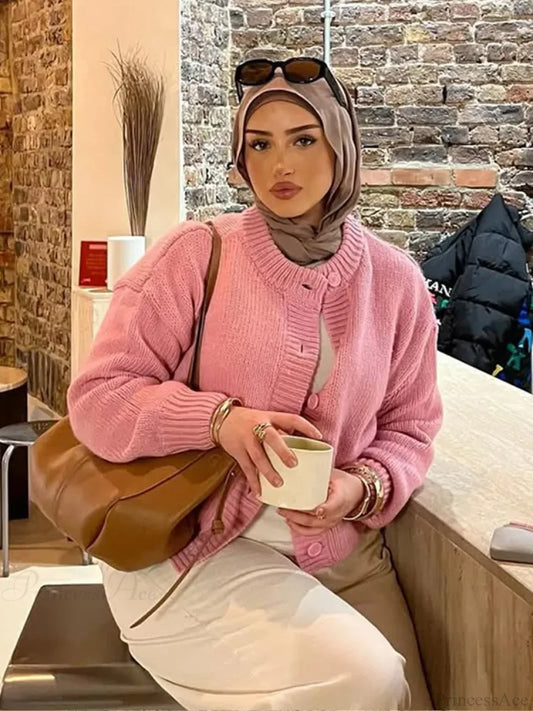 Solid Color Round Neck Cardigan Pink / S