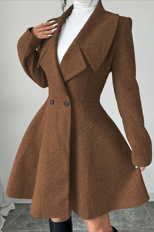 Solid Color Wool Tie Waist Elegant Long Sleeve Overcoat Dark brown / S