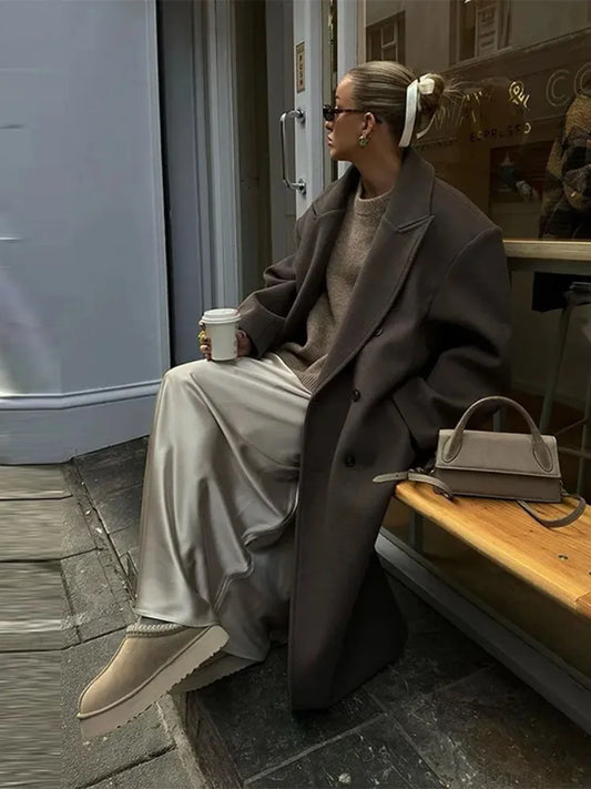 Solid Double-Breasted Turn-Down Overcoat Brown / S