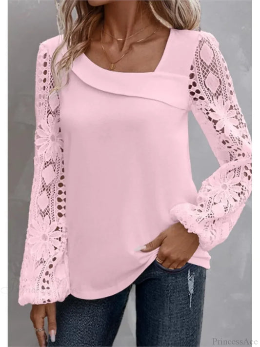 Solid Fashion Blouse Elegant Hollow Lace Blouse Pink / S blouse-250126