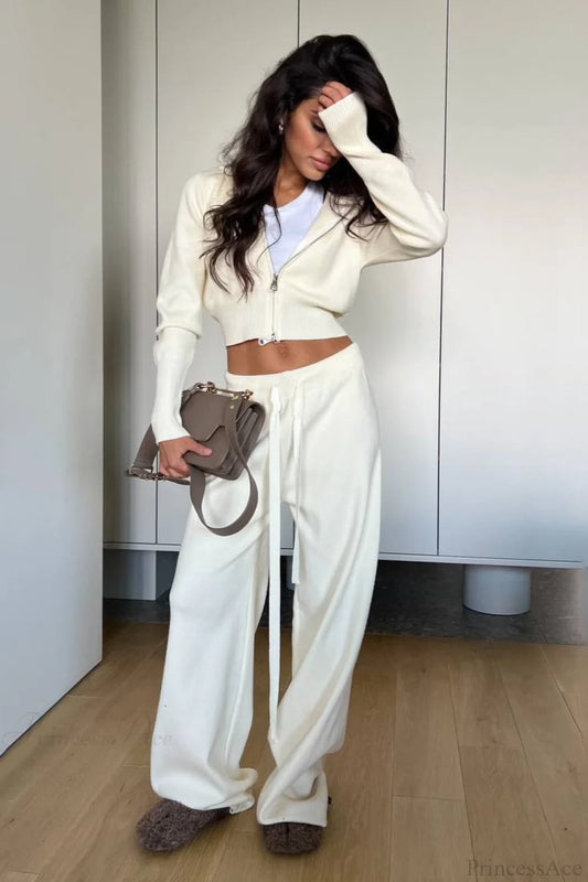 Solid Knit Short Zip Jacket Relaxed Pants Two Piece Set